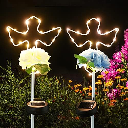 Mibung 2 חבילה סולארית צולבת גן אורות גן עם פרחים, כנפי מלאך מתכת 16 אינץ 'חוצה דשא חצר דשא חצר הימור תפאורה חיצונית, קישוטי קבר קדושים