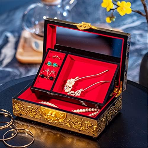 קופסא תכשיטים SMLJLQ בסגנון וינטג 'קופסת תכשיטים מעץ אוצר אוצר קופסא אטום אבק תכשיטים אבק טבעות עגיל אחסון קופסאות
