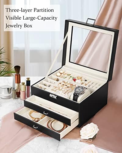 קופסאות תכשיטים של סימבום לנשים עם מכסה זכוכית, מארגן תכשיטים עם 3 שכבות, קופסת תכשיטים עם 2 מגירות, מארז אחסון תכשיטים לעגיל, טבעת, שרשרת,