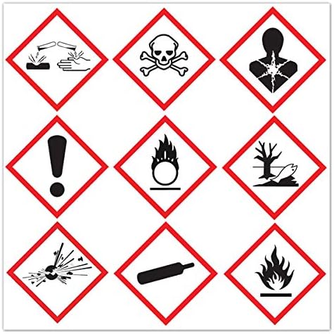 תוויות מדבקות פיקטוגרמה של GHS אצווה, תואמת OSHA, מדבקה מדבקות בטיחות 2 x 2, קורוזיה, סביבה, סימן קריאה, פצצה מתפוצצת, גולגולת וצולבים,