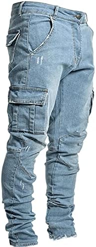 מכנסי מכנסי ג'ינס למטען לגברים, מכנסי טרנינג במצוקה רטרו בגדי רחוב אופנה עם כיס צד עם ג'ינס רוכסן רוכסן