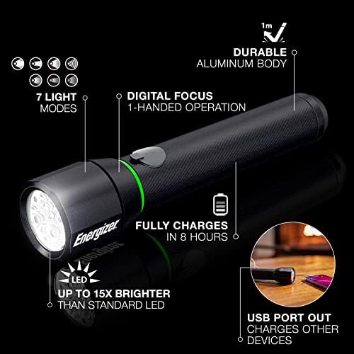 Energizer Vision HD פנס LED נטען עם מיקוד דיגיטלי, פנס חירום עמיד במים לציוד קמפינג ושימוש מקורה, אור הבזק עם כבל טעינה USB כלול, חבילה