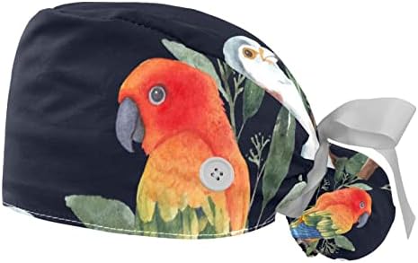 2 חתיכות כובע בופנט עם כיס קוקו כפתור, כובע כותנה כותנה רצועת זיעה, כובעי כירורגיה מתכווננים עלי ציפורים