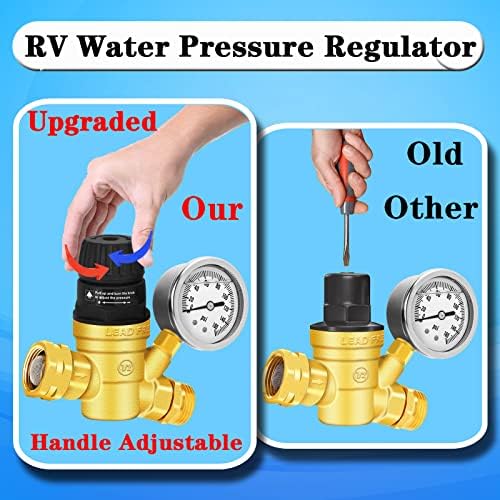 רגולטור לחץ מים RV מתכוונן, רגולטור לחץ מים RV עם ידית מתכווננת, ווסת לחץ מים קרוואנים עם מד, עבור RV, חניך, התאמת לחץ המים של קרוואן