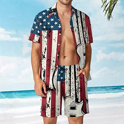 דגל אמריקאי גיטרה אמריקאית 2 חלקים תלבושות חוף כפתור הוואי למטה חולצה עם שרוול קצר וחליפות מכנסיים קצרים