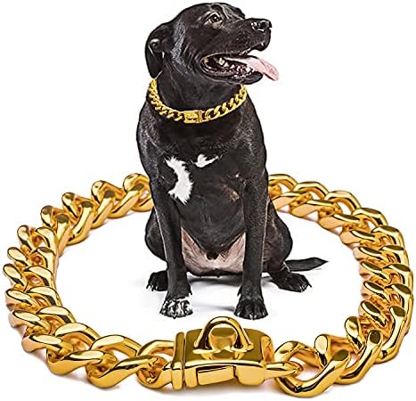 צווארון כלבים של שרשרת זהב, צווארוני שרשרת כלבים לכלבים גדולים 21 ממ עבה גוג זהב עבה צווארון נירוסטה שרשרת כלבים מתכת עם אבזם בטיחות,