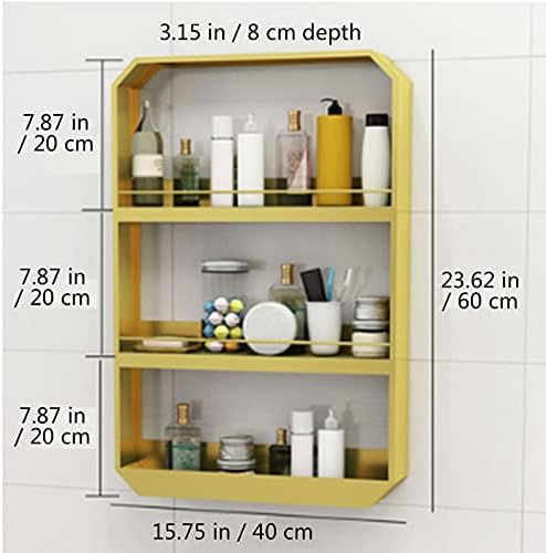 מארגן מתכת 3 שכבות מארגן קיר רכוב על אמבטיה מתלה נטול ציפורניים ללא תרגיל צהוב זהוב רב-פונקציונלי לחדר כביסה בחדר אמבטיה שומר שטח גדול