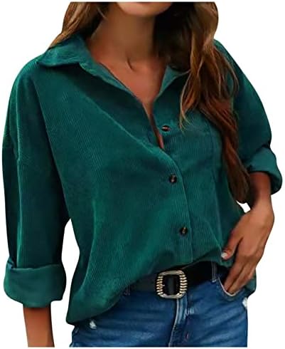 נשים קורדרוי חולצות סתיו אופנה דש צווארון כפתור למטה מעיל חולצות מקרית ארוך שרוול מוצק צבע חולצה