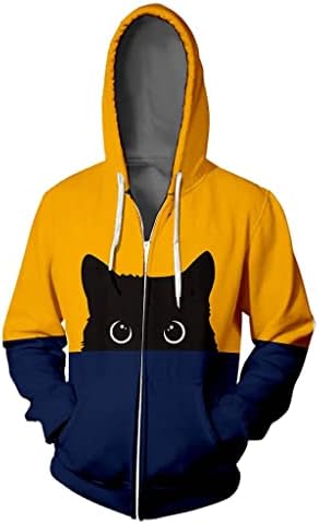 מאהב הדפסת חתול קפוצ'ון היפ הופ הופ רוכסן צבע חותם מעיל חולצה שרוול ארוך סוודר סרוג שמנמן