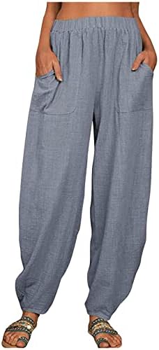 CHGBMOK נשים מכנסי פשתן נשים מותניים אלסטיות מכנסיים מכנסיים רצים מכנסיים בצבע אחיד רופף מכנסיים עם כיסים