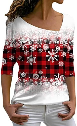 סתיו סתיו לנשים סריג שלג מזדמן אדום בדוק הדפס חג המולד שרוול ארוך עליון חולצת צוואר חולצה מפוארת חולצות וחולצות