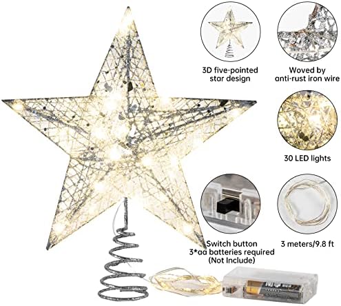 כוכב טופר עץ חג המולד, Callenbach LED מתכת כוכב תאורה קישוטי חג המולד עץ חג המולד קשת קשת ראש קישווט נצנצים מואר 10 אינץ 'כסף כסף