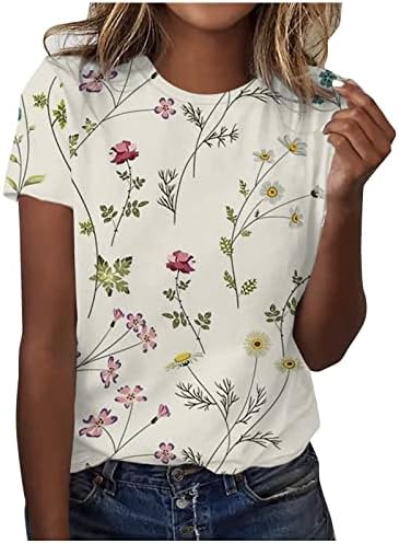 צמרות לנשים 2023 קיץ שרוול קצר טוניקה טוניקה סוודר אופנה הדפסת פרחים צוואר קרב חולצה רופפת חולצה