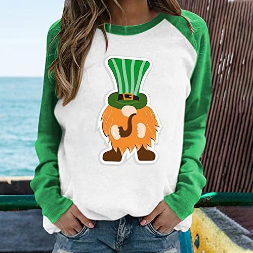 Oplxuo's Happy St. Patrick's Savenshirt צמרות הדפסה גרפית בלוק צבע שרוול ארוך חולצה סווד חולצה