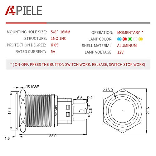 Apiele 16 ממ רגעי לחצן לחצן שחור כבוי עם ראש טבעת המלאך LED 12 וולט עבור 16 ממ 0.63 חור הרכבה עם תקע שקע חוט.