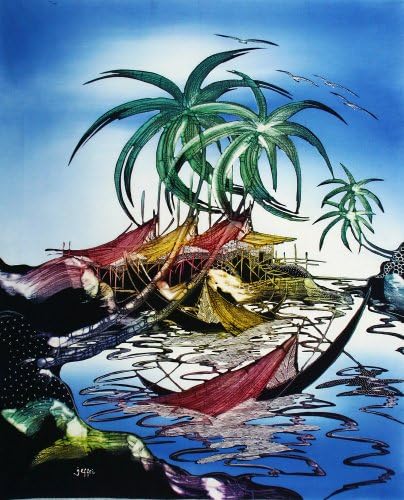 ציור אמנות בטיק מקורי על כותנה,' כפר דייגים 'מאת ג' פרי