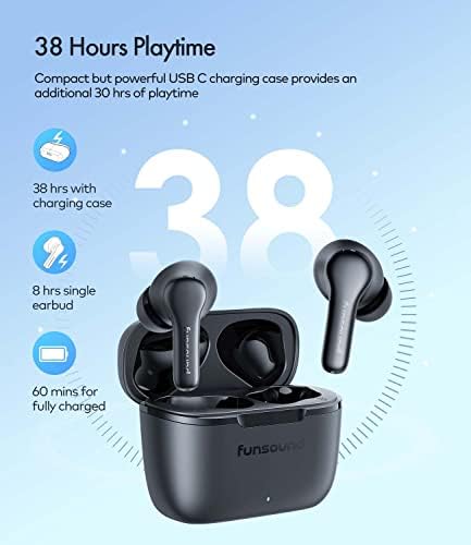 FunSound אוזניות אלחוטיות, אוזניות Bluetooth מבטלות רעש עם 4 מיקרופונים ENC, 38 שעות משחק, IPX7 Bluetooth אטום מים 5.2 אוזניות סטריאו