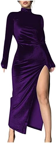 SGASY נשים שרוול ארוך שרוול V קטיפה נמתחת שמלה ארוכה אלגנטית שמלת קוקטייל מסיבה מרופדת