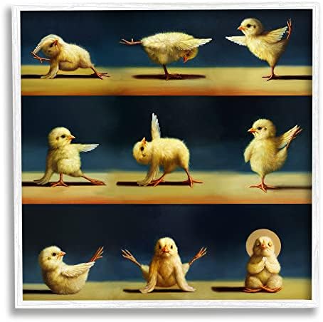 תעשיות סטופל אפרוחים יוגה נמתחים חיות משק מצחיקות ציור אימונים, עיצוב מאת לוסיה הפפרנן לבן מסגרת קיר ממוסגר, 17 x 17, צהוב