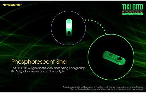 פנס מחזיק מפתחות ירוק של Nitecore Tiki Gitd עם אור UV & CRI גבוה, 300 לומן כל יום נושאים USB נטענת וכבל טעינה USB