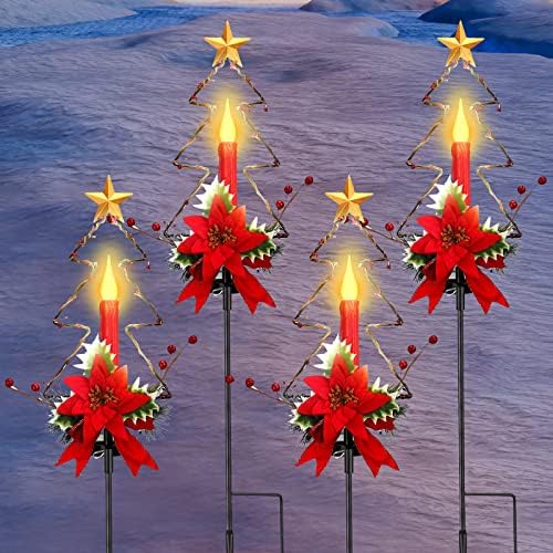 4 אורות נרות סולאריים לחג המולד נרות, קישוטי חצר חג המולד, איש סולארי שלג חג המולד אורות מסלול עץ