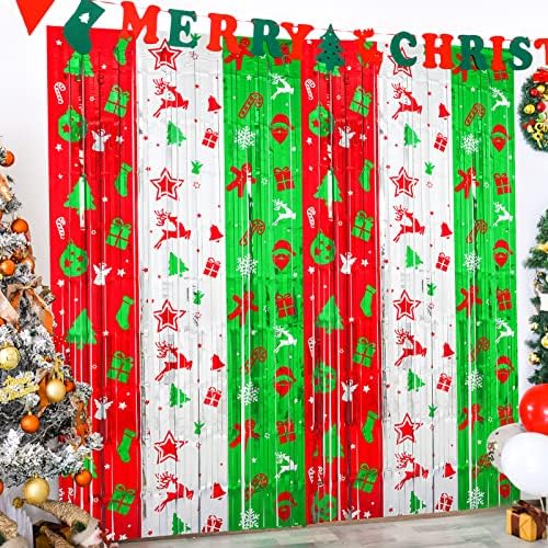קישוט מסיבת חג המולד של Lolstar, 2 חבילות דפוס נושא לחג המולד וילונות שוליים 3.2 x 6.6 רגל אדום כסף ירוק ירוק שוליים תצלום רקע רקע לחג